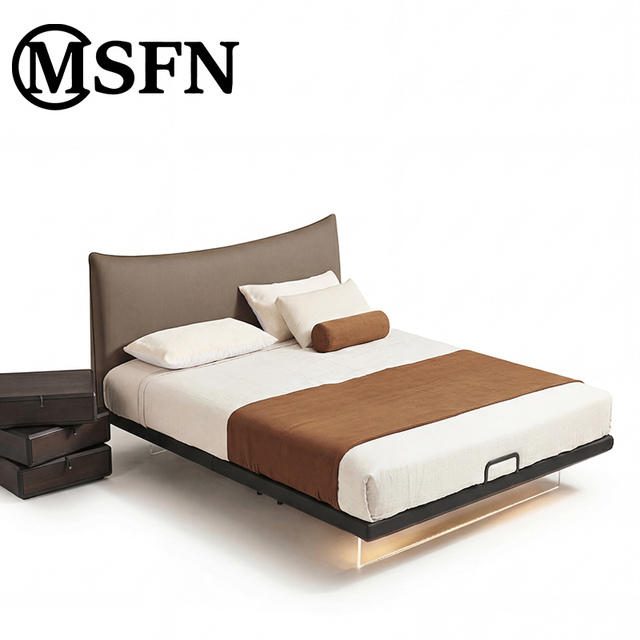 Modern Curved Padded Headboard Floating Bed with Microfiber Upholstery & Acrylic Base for Villa Hotel Bedroom Furniture