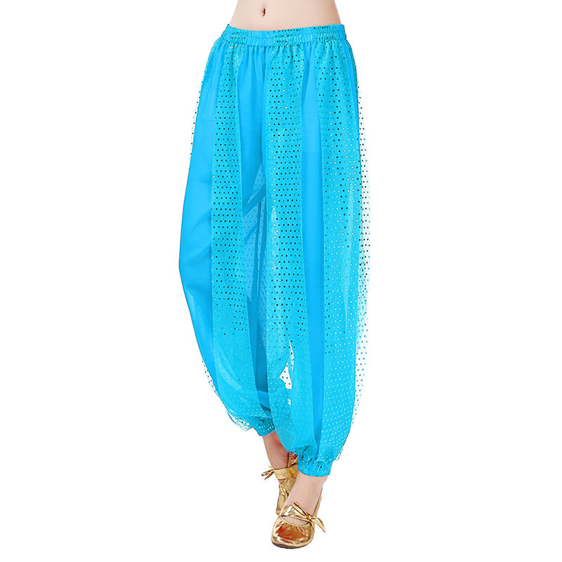 Pantalones bombachos de danza del vientre con lentejuelas azul lago