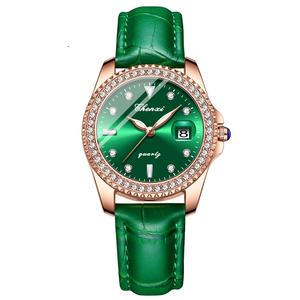 Montre à quartz en verre pour femme CHENXI personnalisée, mode business, petite montre verte, étanche 3BAR, bracelet en cuir, boîtier en acier inoxydable, alliage - Product Image 2