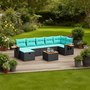 Set di divani da giardino in polyrattan nero da 8 pezzi con cuscini, mobili da giardino, posti a sedere all'aperto - Product Image 2