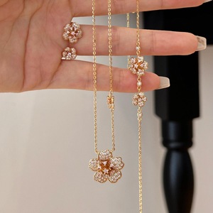 Romantic S925 Pure Silver & <b>Rose</b> <b>Gold</b> Plated Double Flower Diamond Cherry Blossom Ring Bracelet Necklace Silver <b>Jewelry</b> <b>Set</b> - Product Image 2