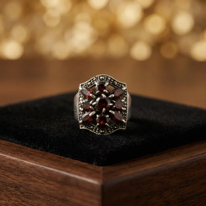 Flower Shape <b>925</b> <b>Silver</b> Garnet Cocktail <b>Ring</b> Women Vintage Style Prong Setting Jewelry - Product Image 3