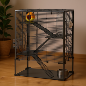 Cage à hamster à 4 niveaux 24 x 16 x 31,5 cm, structure en fil d'acier, fond en verre profond, roue de course, abri, bouteille d'eau, gamelle, pour usage intérieur - Product Image 2