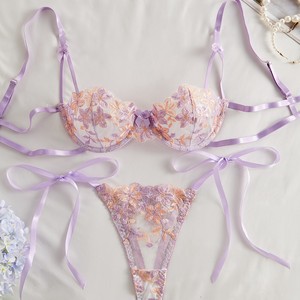 Wholesale Floral Embroidery Lingerie Set Sexy Sheer Mesh Underwire <b>Bra</b> and Tie Side Thong Panties Set 2 Piece Lace Sexy <b>Bra</b> Set - Product Image 3