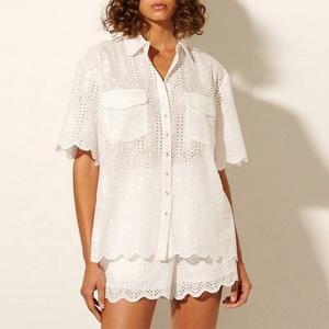 New Design <b>Linen</b> Two-Piece <b>Set</b> Casual Turn Down Collar <b>Linen</b> Shirt Elastic Waist <b>Linen</b> A-Line Short Hollow <b>Linen</b> <b>Set</b> - Product Image 1