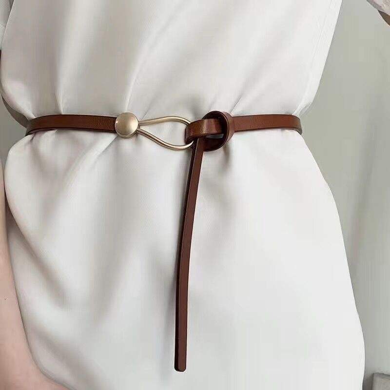 Luxury Brand Women Belts Thin Golden Buckle PU Leather Strap for