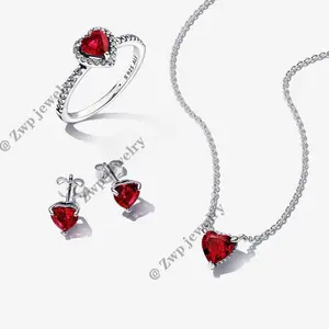 2023 Pan dora New Valentine's Day Collection 925 Sterling Silver Love Heart Necklace Earrings Ring Women Jewelry Set Gift