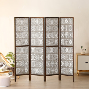 <span class=keywords><strong>Paravent</strong></span> à <span class=keywords><strong>4</strong></span> panneaux et pliable en <span class=keywords><strong>bois</strong></span> de manguier noir et <span class=keywords><strong>blanc</strong></span> à quatre panneaux avec des sculptures traditionnelles - Product Image 5