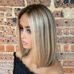 Pelucas de Cabello Humano Brasileño Remy con Reflejos Rubios <span class=keywords><strong>Ceniza</strong></span>, Corte Bob <span class=keywords><strong>Corto</strong></span>, Cutícula Alineada, Grado 10A, Encaje Transparente HD, Venta al Por Mayor - Product Image 1