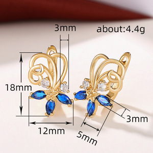 Orecchini a lobo con fiore dorato, zircone blu e diamante rotondo per donna, gioielli da festa, in lega placcata oro, stile romantico - Product Image 6