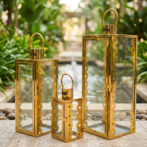 เชิงเทียนโลหะสแตนเลสชุบทองหรูหรา ดีไซน์โคมไฟสำหรับตกแต่งบ้านและลานบ้าน - Product Image 2