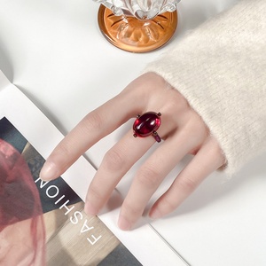 Minimalist High Quality Jewelry Eco-friendly Copper Oval Cut 13*18mm Red Corundum Zircon Solitaire <b>Adjustable</b> Band <b>Ring</b> Setting - Product Image 5