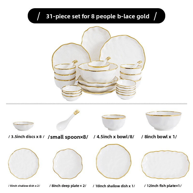 8 personnes mangent 31 pièces avec assiette à poisson (bordure dorée)