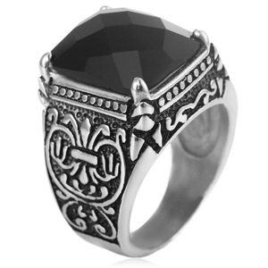 yunnique Fashion <b>Rings</b> Men's Geometric Black Stone <b>Titanium</b> Steel <b>Ring</b> Prong Setting Vintage Punk Style Gift Jewelry - Product Image 4