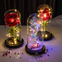 Vente en gros d'usine, fleurs artificielles à LED pour la fête des mères, base en bois noir, rose galaxie dans un dôme en verre