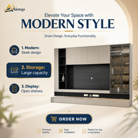 Système de meuble mural TV moderne personnalisé avec rangement supérieur, portes ouvertes, étagères et vitrine à vin en verre pour salon