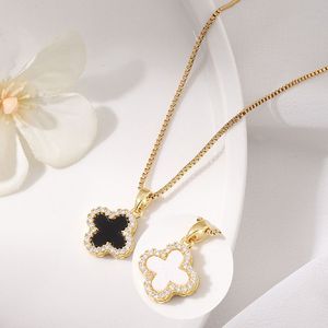 Collier pendentif trèfle à quatre feuilles <span class=keywords><strong>noir</strong></span> et blanc en acier inoxydable 316L plaqué or 18 carats avec diamants CZ double face pour femmes - Product Image 1
