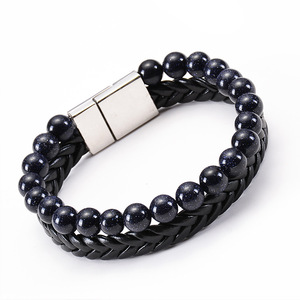 Pulsera de cuero de ojo de tigre de piedra Natural para hombre, brazalete de doble fila con cierre magnético - Product Image 6