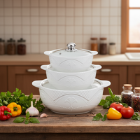 Ensemble de trois casseroles à soupe en céramique texturée blanc pur avec couvercles en verre, compatibles lave-vaisselle, résistantes à la chaleur, grande capacité, style américain