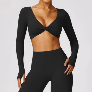 Conjunto de yoga deportivo para mujer, venta al por mayor, sexy, de malla hueca transpirable, pantalones de gimnasio de cintura alta con patrón sólido, ropa deportiva. - Product Image 5