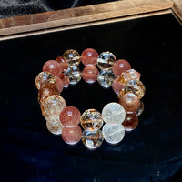 Bracelet pour femme en cristal naturel, perles de quartz fraise, or noir ultra-blanc, fait main, avec fermoir porte-bonheur ; porte-argent