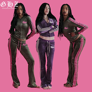 New Arrivals Custom LOGO Striped Velvet Tracksuit Women Zip up Body Velour Jacket <strong>and</strong> Jogger Pants Two Piece Set Women <strong>Clothing</strong> - Product Image 2