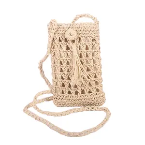 Niyang factory wholesale hot sale design handmade woven knitted beige camel color fashion women small bag mobile phone bags