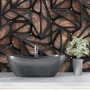 Black abstract 3D effect wall art luxury wallpaper with wood grain background wall mural