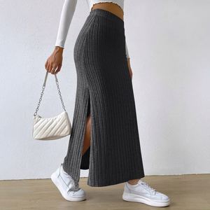 Casual Solid Autumn Winter Side-<b>Slit</b> Slimming European American Style Knitted Women's A-Line <b>Midi</b> <b>Skirt</b> - Product Image 3