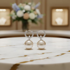 Pendientes de Perlas Akoya de Plata 925 Chapados en Oro Blanco Tiamo, Perlas Cultivadas Redondas AAA con Engaste de Bisel, Clásicos para Mujer, para Boda - Product Image 2