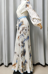 Robe longue plissée sur mesure, col en V, manches lanternes, imprimé floral, taille empire, robe de mariage, robe de vacances, <span class=keywords><strong>prix</strong></span> d'usine - Product Image 2