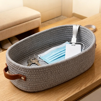 Boîte de rangement ovale en cuir avec poignée pour petits objets, jouets, cosmétiques, panier de rangement en corde de coton tissée