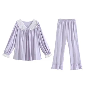 Pijama feminino primavera e outono manga comprida com decote em V conjunto solto vestido retrô para casa princesa corte calças finas para meninas