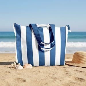 Outdoor Shopping Fashion Canvas Tote Striped Eco-Friendly Reusable Travel <b>Navy</b> Blue Beach <b>Bag</b> with Zipper Closure - Product Image 1