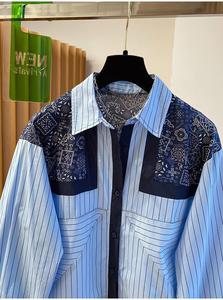 Camicia da <span class=keywords><strong>donna</strong></span> a maniche lunghe a righe blu stile etnico, vestibilità ampia, nuova collezione Autunno 2026 - Product Image 3