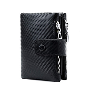 Boshiho Carbon Fiber RFID Credit Card Holder Bifold Leather Men <strong>Wallet</strong> With Double Zipper - Product Image 1
