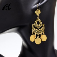 Venta al por mayor de joyería de latón islámico, Pendientes colgantes largos musulmanes Vintage, Metal dorado árabe para mujeres inspirado en el estilo de Dubái