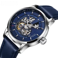 OUBAOER 2001 Montre unisexe de luxe mécanique automatique à tourbillon à remontage automatique avec bracelet en cuir, cadran ajouré, style sportif