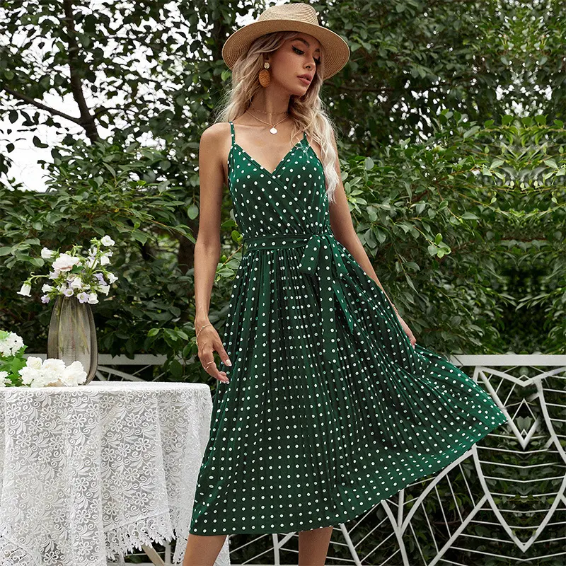 YFS wholesale custom OEM ODM 2024 summer new halter polka dot women's dress lace-up MIDI dress