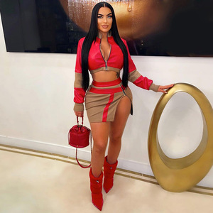 Vintage Red <strong>Leather</strong> Skirt <strong>Outfits</strong> Two Piece Set Women 2025 <strong>Sexy</strong> Club Zipper Crop Jacket Top Mini Slit Skirt Set <strong>Leather</strong> Suits - Product Image 2