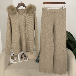Costume pull d'hiver 2025 pour femme avec col en renard solide pull à capuche en tricot long et <span class=keywords><strong>pantalon</strong></span> slim haut vêtements - Product Image 2