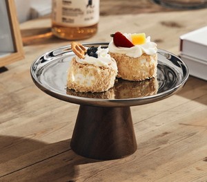 Stand rak <span class=keywords><strong>Display</strong></span> makanan penutup prasmanan, <span class=keywords><strong>Display</strong></span> kue, piring perak bulat dasar kayu Acacia - Product Image 5