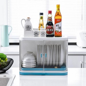 커버가있는 이중 플라스틱 접시 건조 랙 조리대 주방 용품 주최자 보관 상자 캐비닛 플레이트 홀더 - Product Image 3