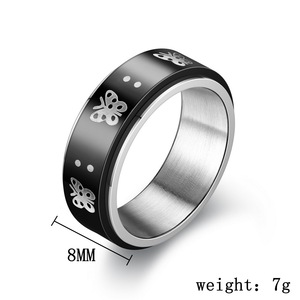 Roterende ring van roestvrij staal, zwarte band met zilverachtige vlindergravure voor angstverlichting en dagelijks modegebruik - Product Image 2