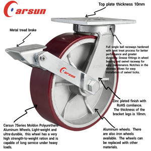Roulettes industrielles ultra-résistantes en acier avec roues pivotantes en PU rouge de 6/8 pouces, roulement à billes en aluminium, résistantes à l'usure - Product Image 6