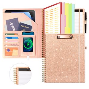 สีชมพูที่กําหนดเองสีและข้อความทองเกลียวผูกหนัง Padfolio โป๊ตฟอลอยพร้อมที่ใส่คลิปบอร์ด