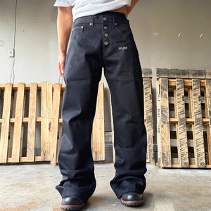 Jean en denim indigo bleu pour homme, coupe baggy à jambe large, en selvedge japonais, personnalisé, épais, lavable, de haute qualité, effet empilé - Product Image 1