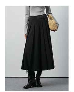 Vega Chang Groothandel Van Hoge Kwaliteit Lente Zwarte Geplooide <span class=keywords><strong>Midi</strong></span> Rok Met Riem Taille En Chique Silhouet - Product Image 1