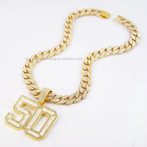 Hip Hop 15MM Gold Miami Prong Full <b>Iced</b> Out Rhinestones Cuban <b>Chain</b> and 50 Number Pendant - Product Image 1