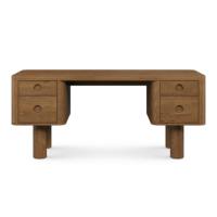 Bureau d'ordinateur artisanal en chêne brun de style mid-century, 66,5 pouces, avec 4 tiroirs arrondis, station de travail exécutive durable